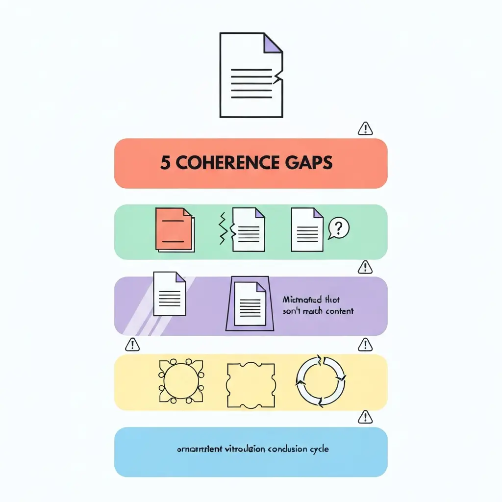 Infografía vertical mostrando los 5 gaps de coherencia en tesis doctorales: transiciones rotas, anexos huérfanos, abstract desalineado, elementos visuales decorativos y ciclo introducción-conclusión incompleto