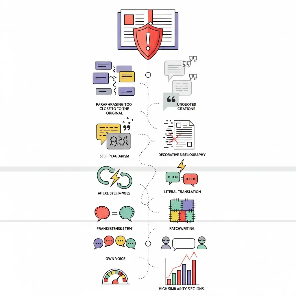 Infografía con las 9 señales de plagio oculto en tesis: paráfrasis cercana, citas sin comillas, bibliografía decorativa, autoplagio, cambio de estilo, traducción literal, patchwriting, falta de voz propia y picos de similitud