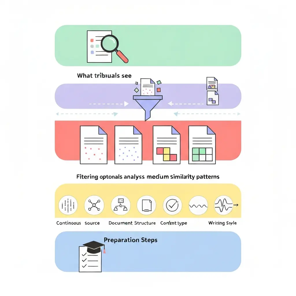 Diagrama ilustrativo mostrando qué ve un tribunal de tesis doctoral al revisar un informe Turnitin: indicador de porcentaje, lista de fuentes coincidentes y zonas de texto resaltadas por colores