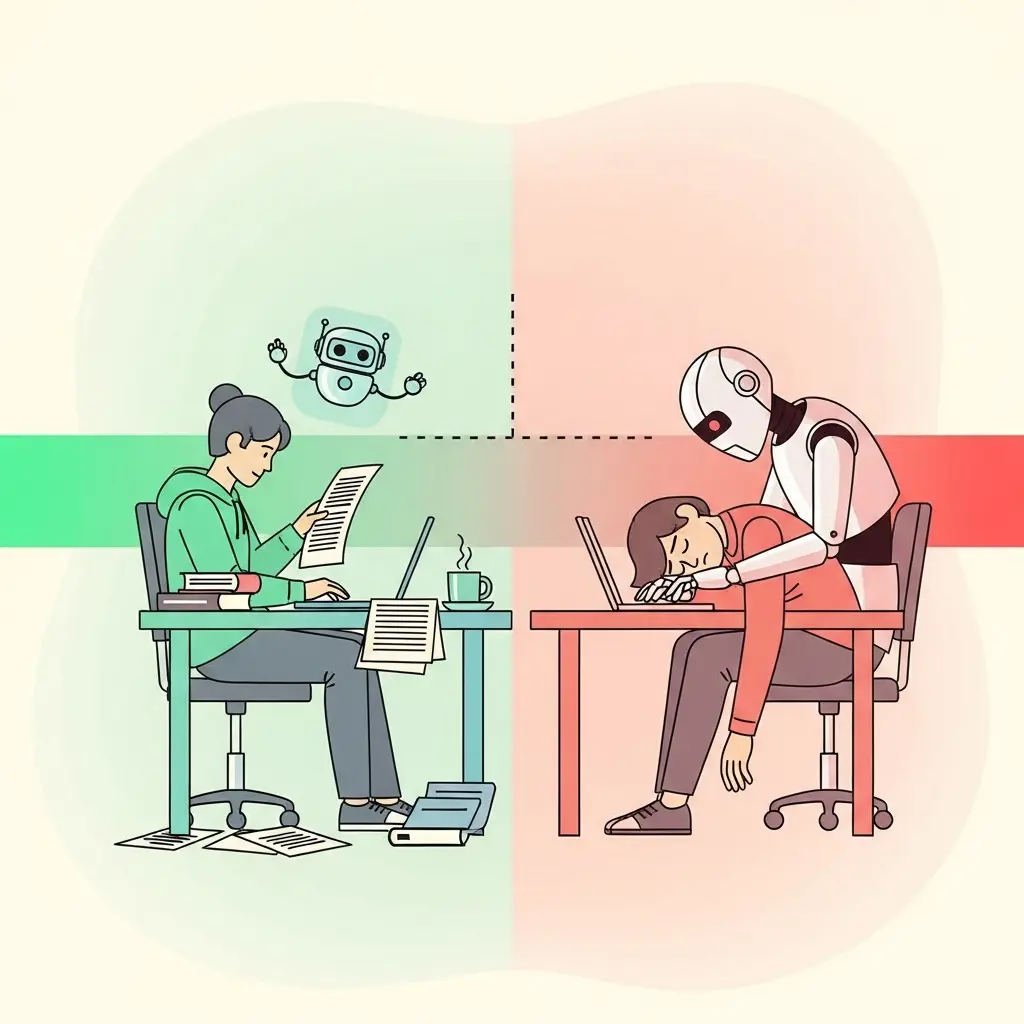 Ilustración que muestra el espectro entre usar la IA como asistente controlado y depender de ella en una tesis doctoral, con un lado verde (uso saludable) y otro rojo (dependencia peligrosa)