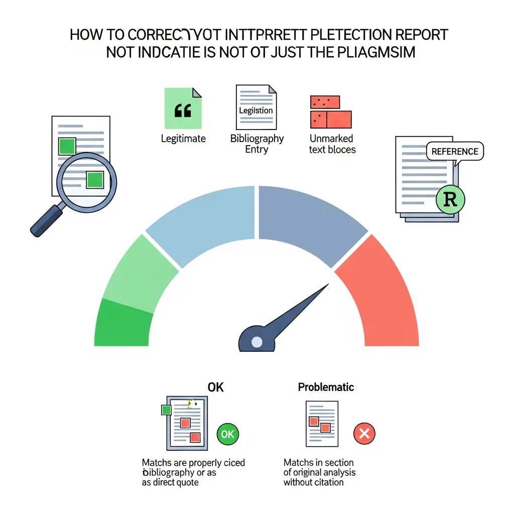 Ilustración explicativa mostrando cómo interpretar correctamente un informe de similitud de Turnitin, destacando que el porcentaje no indica automáticamente plagio