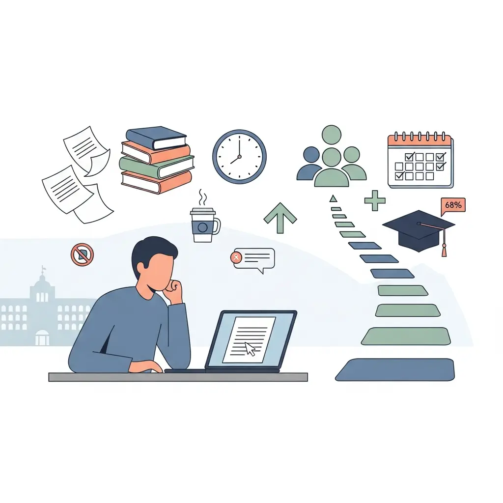 Doctorando español escribiendo su tesis doctoral frente al ordenador con libros y notas de investigación