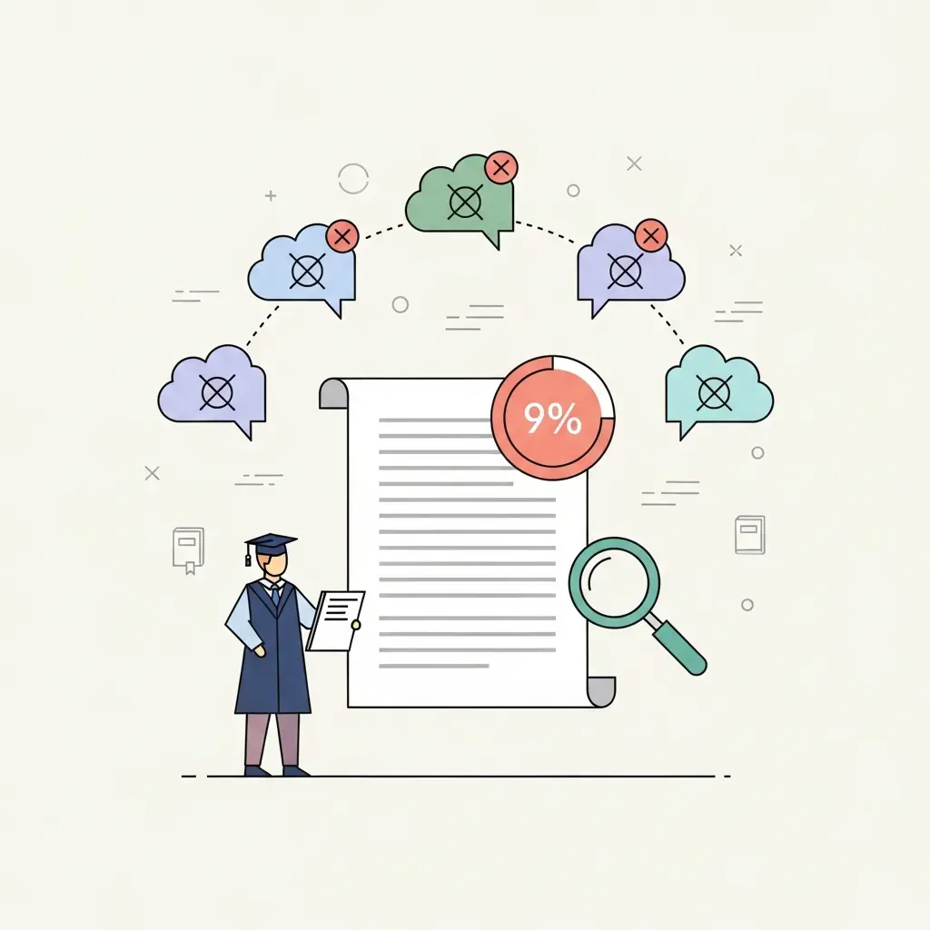 Informe de similitud Turnitin en pantalla mostrando porcentaje de una tesis doctoral con mitos señalados en rojo y datos reales en verde