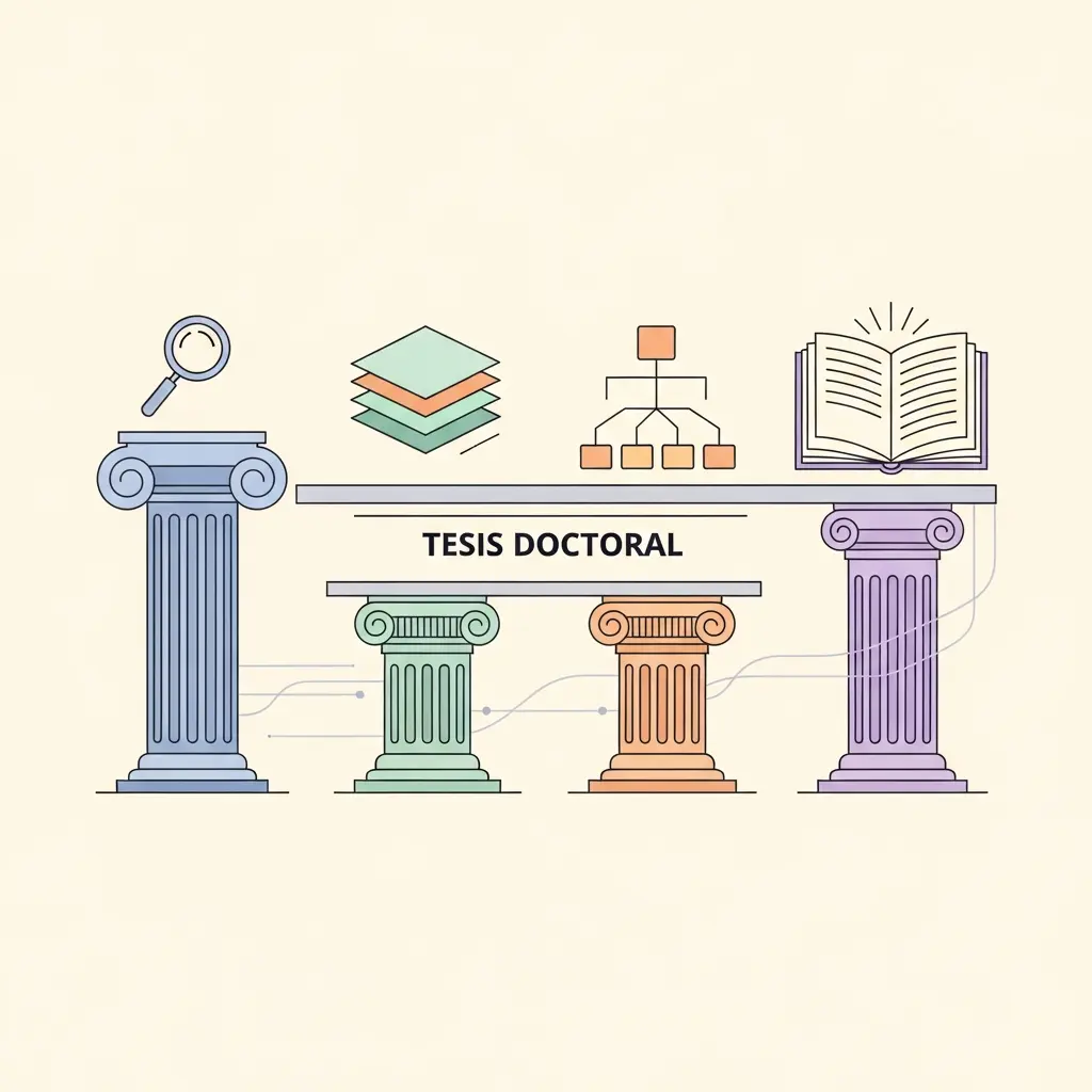 Ilustración de los cuatro pilares del método Umberto Eco para escribir una tesis doctoral: delimitación del tema, sistema de fichas, índice-hipótesis y escritura clara