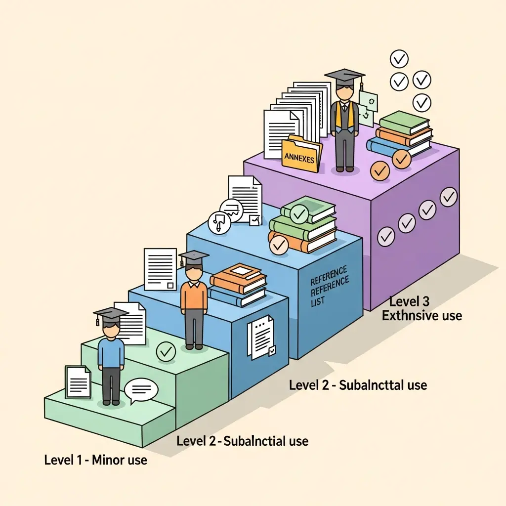 Infografía de los tres niveles de declaración de uso de IA en trabajos académicos: metodología, referencias y anexos