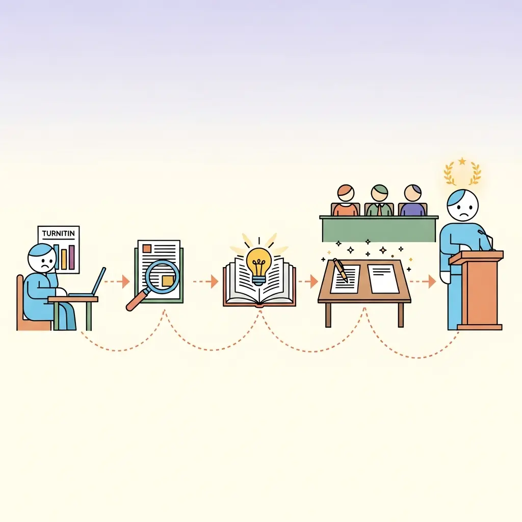 Ilustración del camino de un doctorando desde la ansiedad por el informe Turnitin hasta la confianza en la defensa de su tesis doctoral ante el tribunal