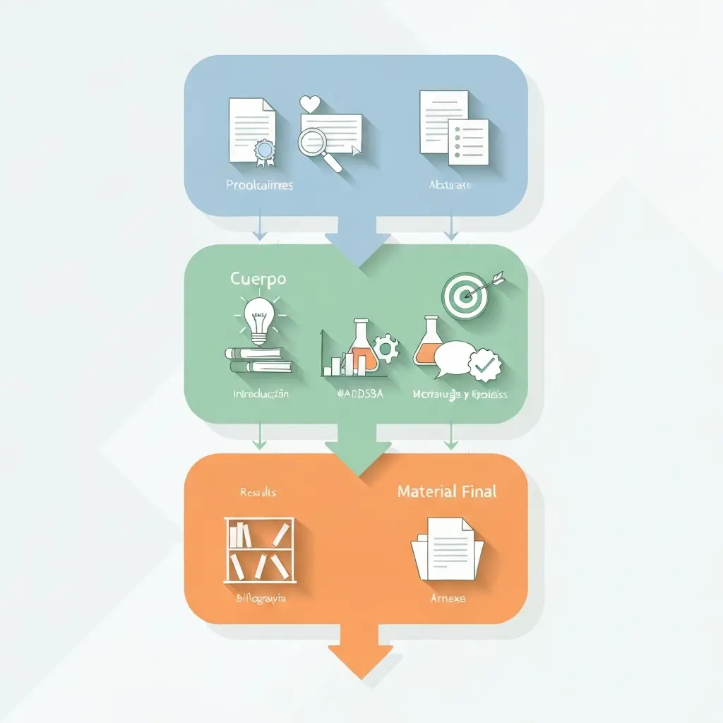 Infografía con los tres bloques principales de una tesis doctoral: secciones preliminares en azul, cuerpo de la tesis en verde y material final en naranja, conectados por flechas descendentes