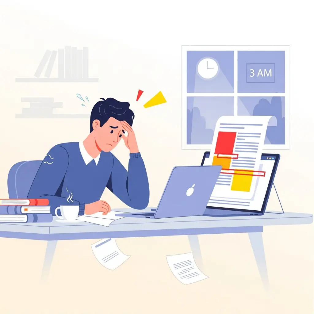 Estudiante universitario descubriendo plagio accidental en su tesis mientras revisa el informe de similitud en el portátil a altas horas de la noche