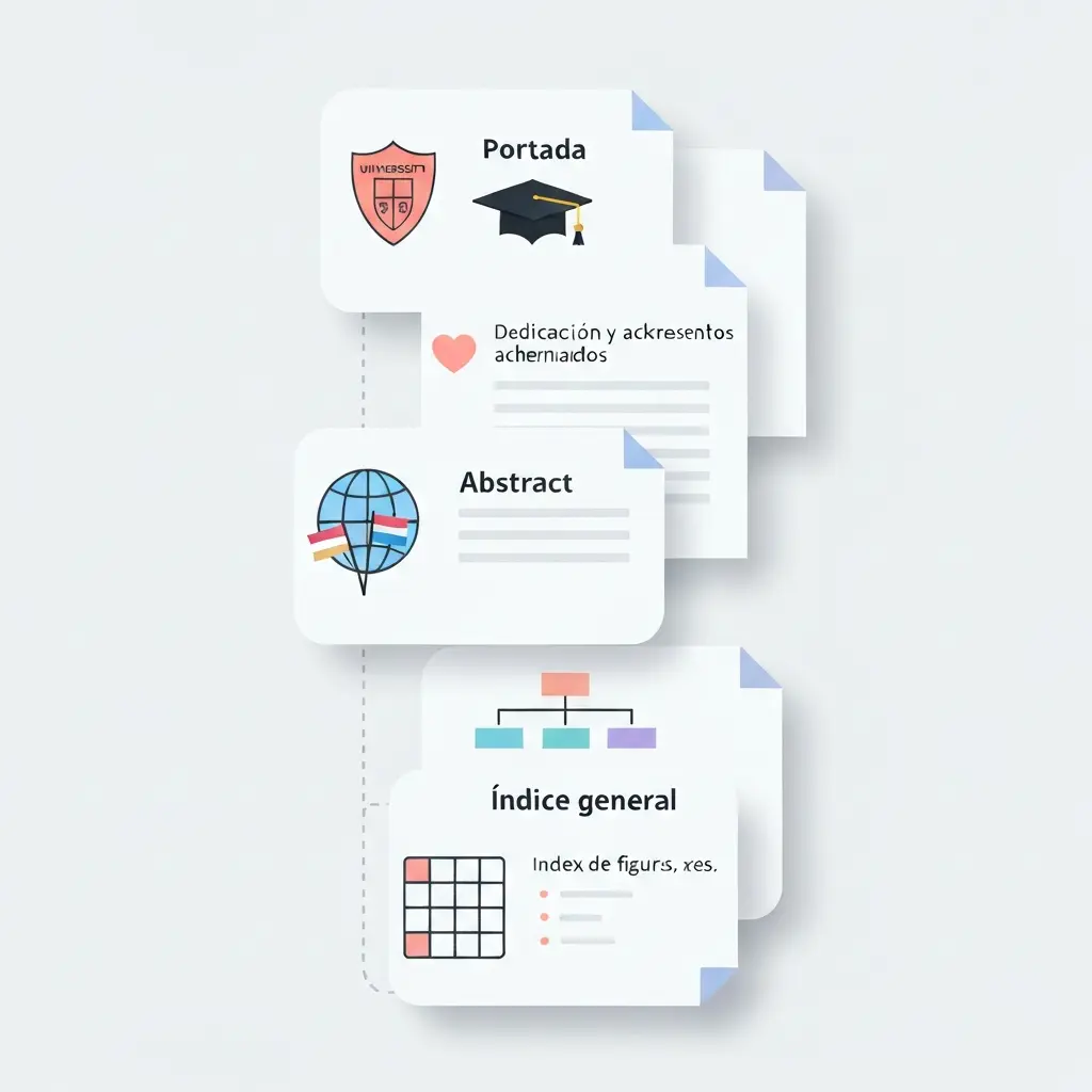 Ilustración de las cinco secciones preliminares de una tesis doctoral apiladas verticalmente: portada con escudo universitario, dedicatoria, resumen bilingüe, índice general e índice de tablas y abreviaturas