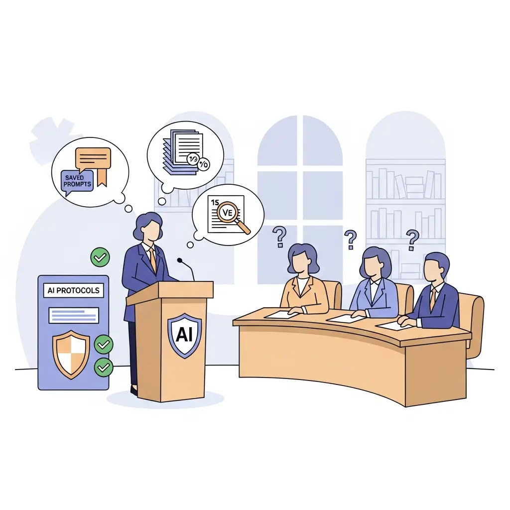 Escenario de defensa de tesis doctoral mostrando a un candidato preparado con documentación de uso de IA frente al tribunal evaluador