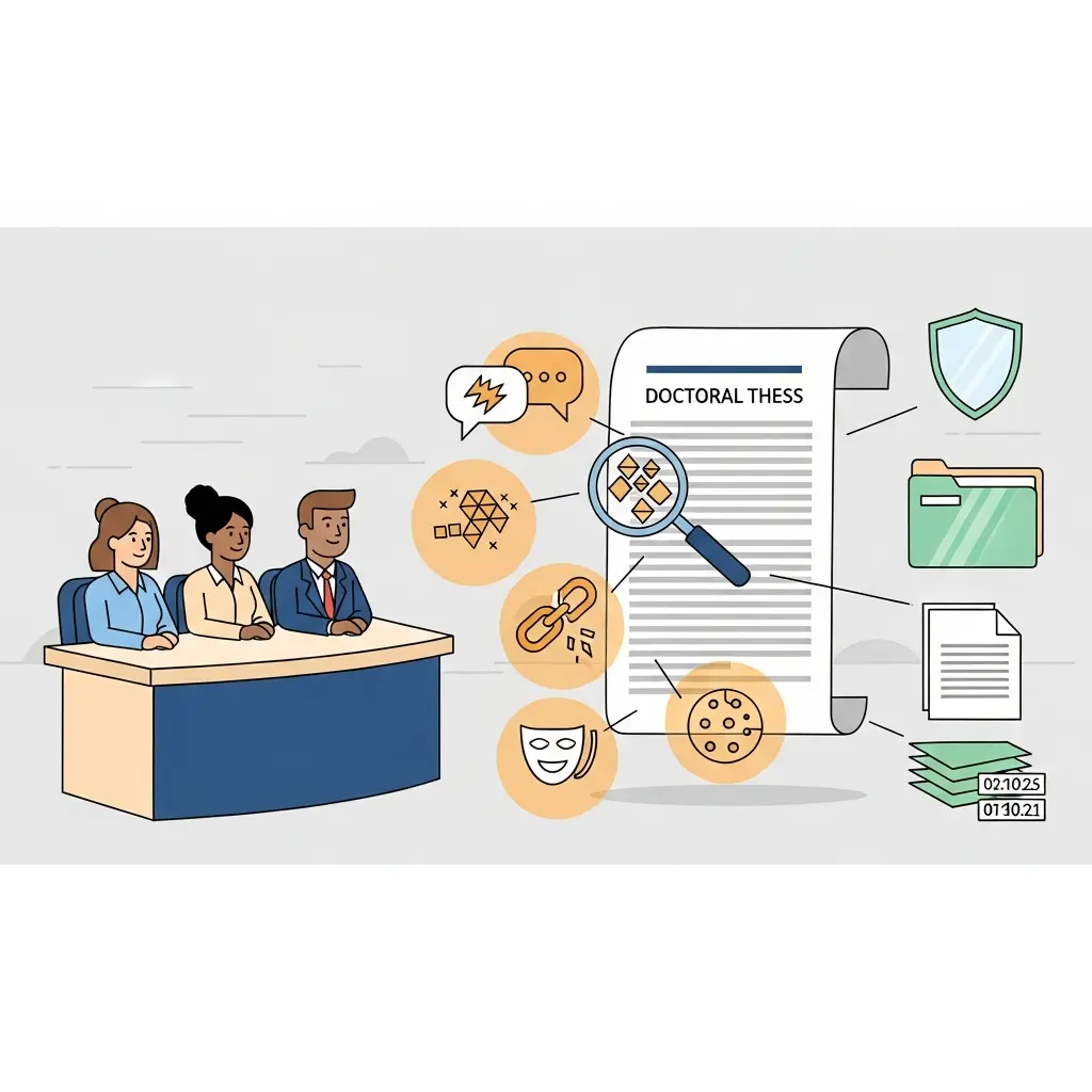 Ilustración de un tribunal de tesis doctoral evaluando señales de uso de inteligencia artificial en una tesis, mostrando los cinco indicadores principales que buscan los evaluadores y las medidas de protección documentales