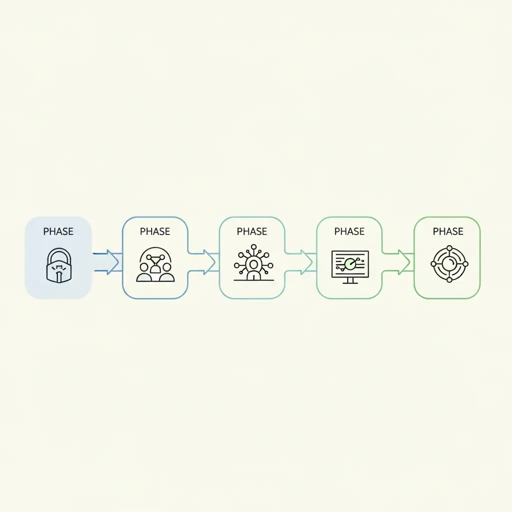 Diagrama visual del workflow de 5 fases para integrar inteligencia artificial en una tesis doctoral: exploración, revisión bibliográfica, escritura, revisión y depósito