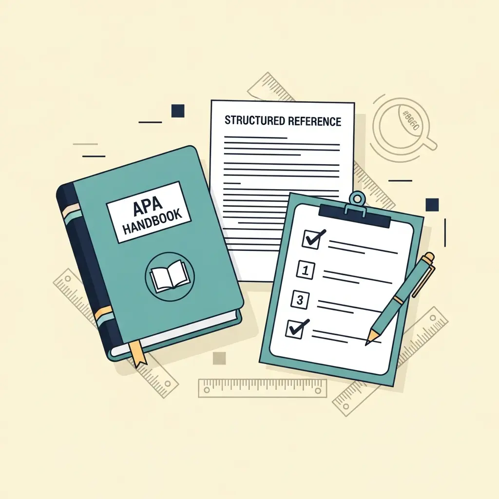 Ilustración de un manual APA junto a un checklist con casillas marcadas