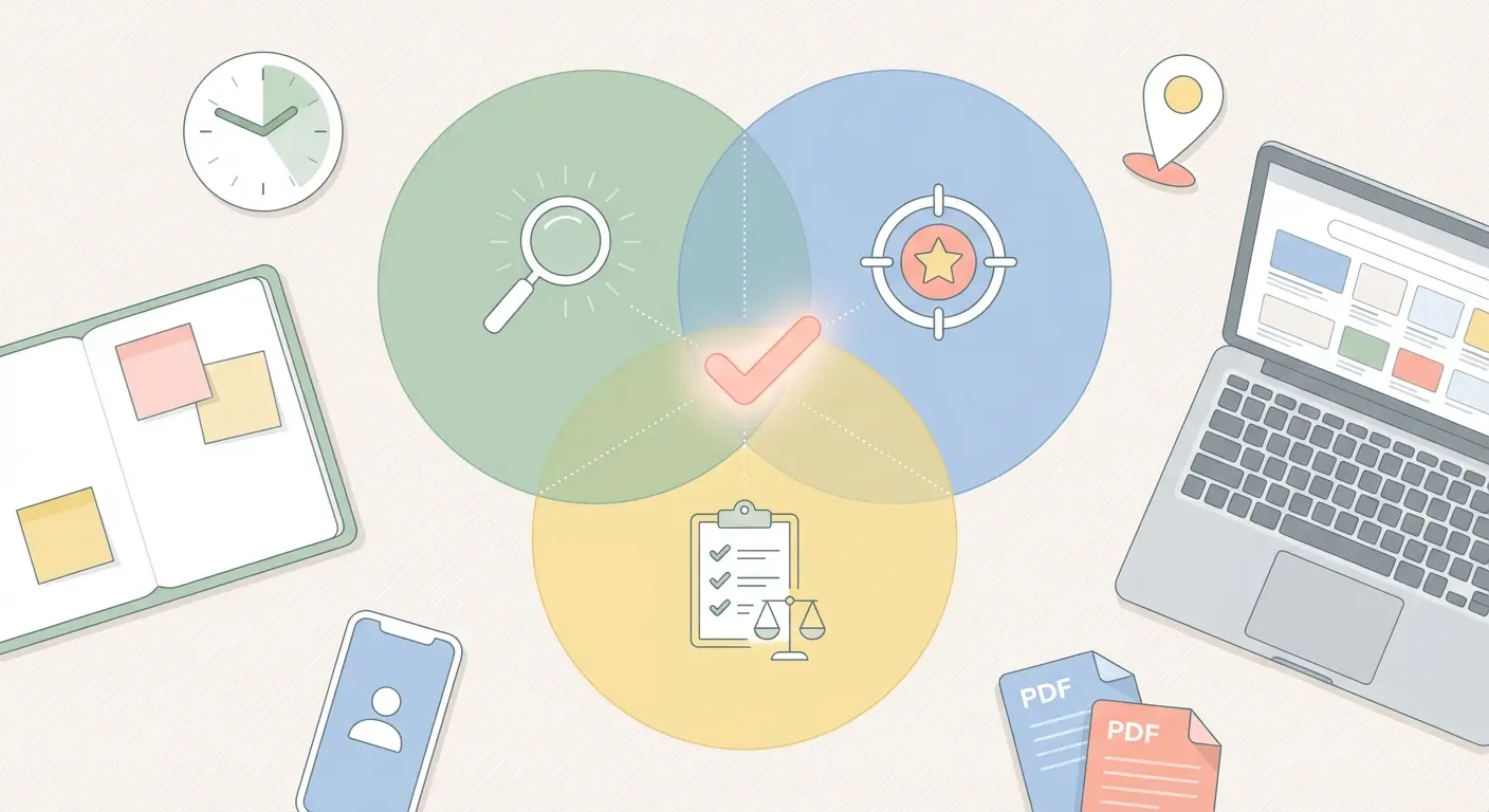 Elegir tema TFG con la regla de las 3V: viable, valioso y verificable representado con iconos