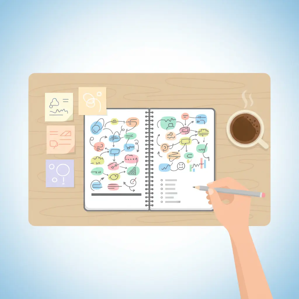 Estudiante universitario sentado frente a un portátil con cuaderno y bolígrafos, planificando cómo elegir el tema de su tesis