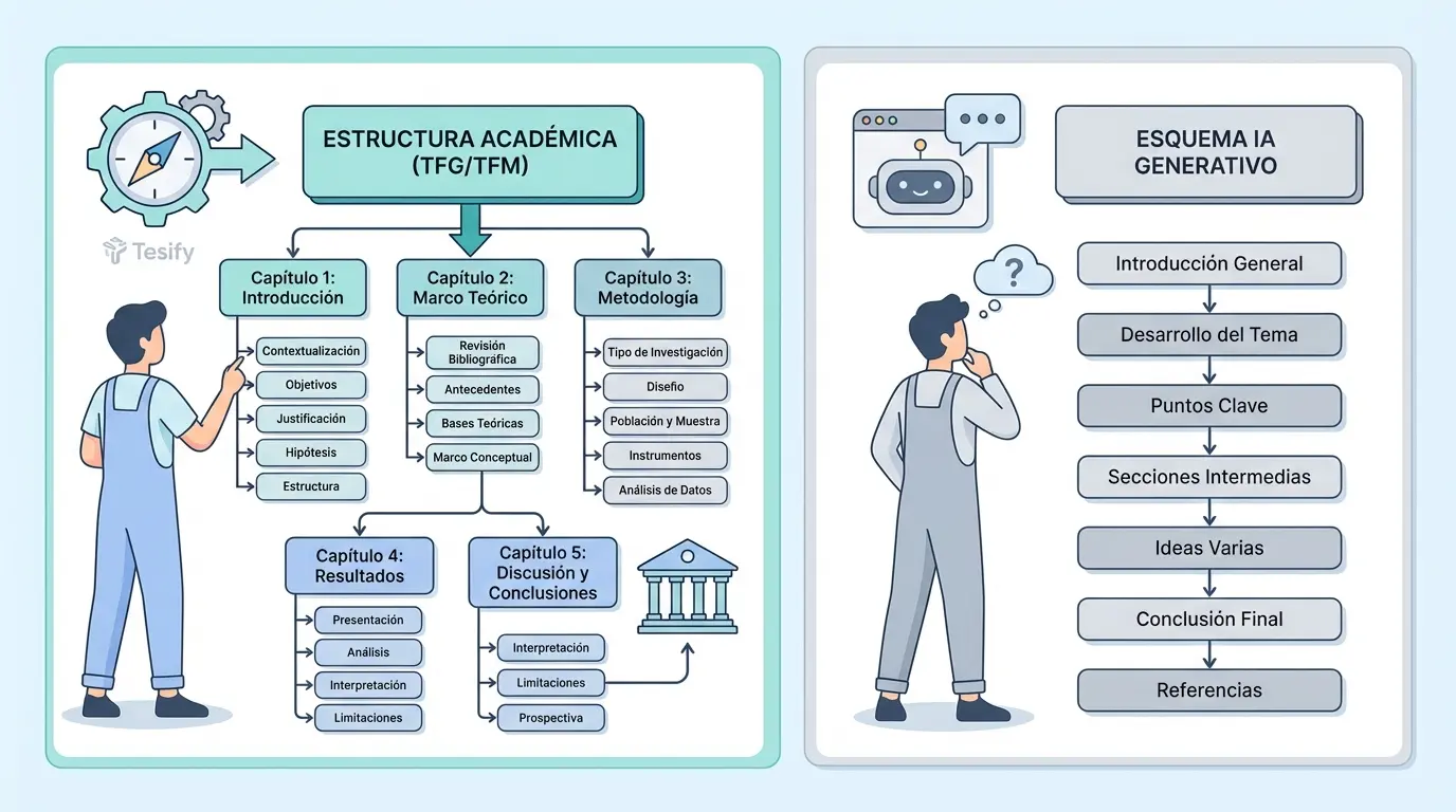 Prueba 1: estructura académica generada con Tesify (jerarquía guiada por capítulos) versus la estructura genérica producida por ChatGPT para un TFG