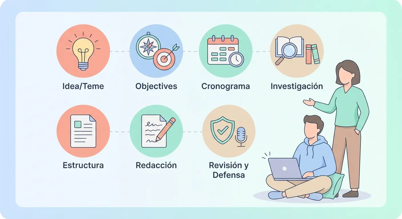 Ilustración vectorial plana sobre cómo hacer un TFG, infografía con 7 iconos que representan tema, objetivos, cronograma, investigación, estructura, redacción y revisión