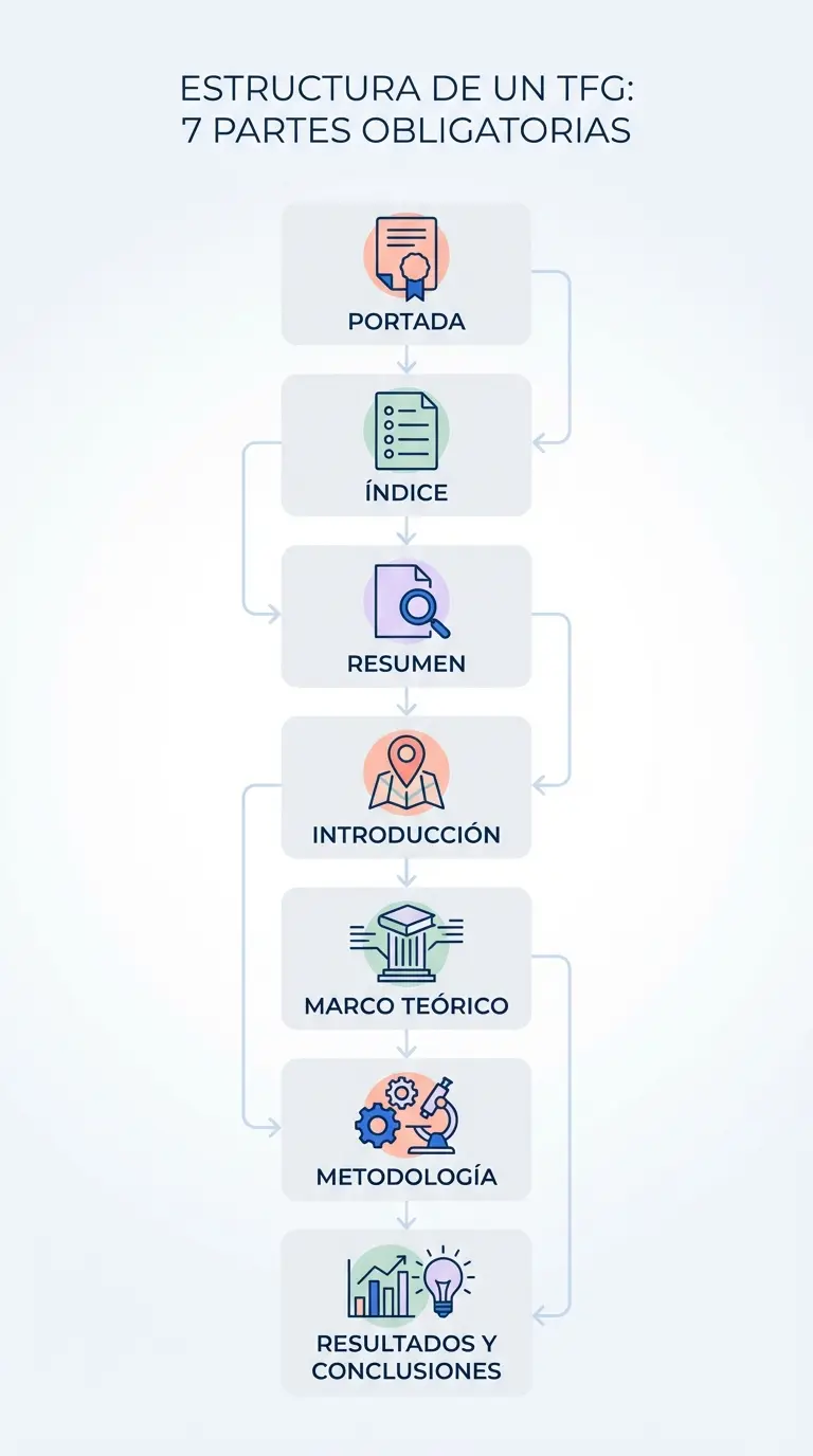 Infografía con la estructura de un TFG en 7 partes — portada, índice, resumen, introducción, marco teórico, metodología, resultados y conclusiones.
