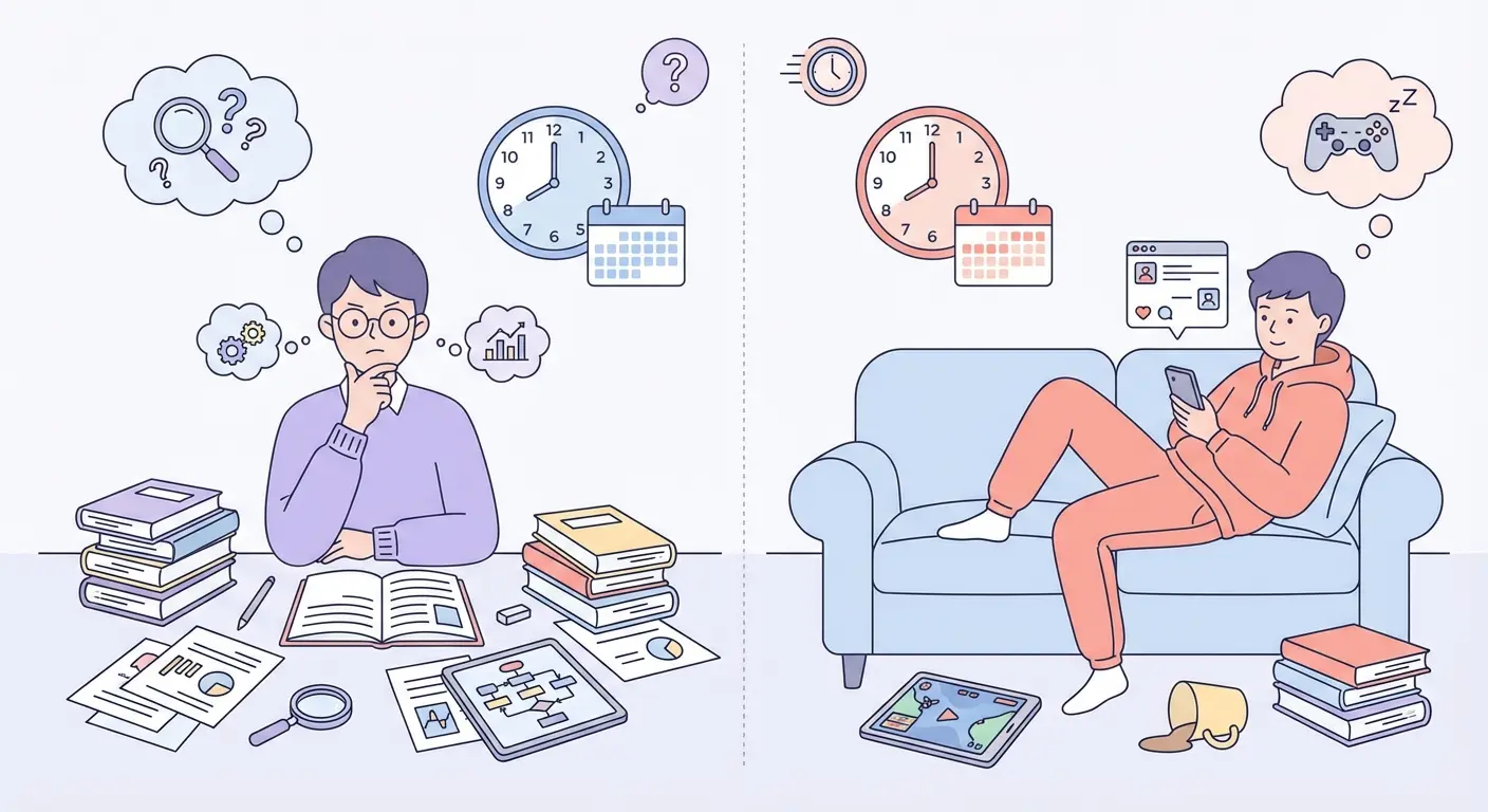 Ilustración vectorial plana tipo comparativa que representa dos perfiles de bloqueo al empezar un TFG: parálisis por análisis y parálisis por evitación.