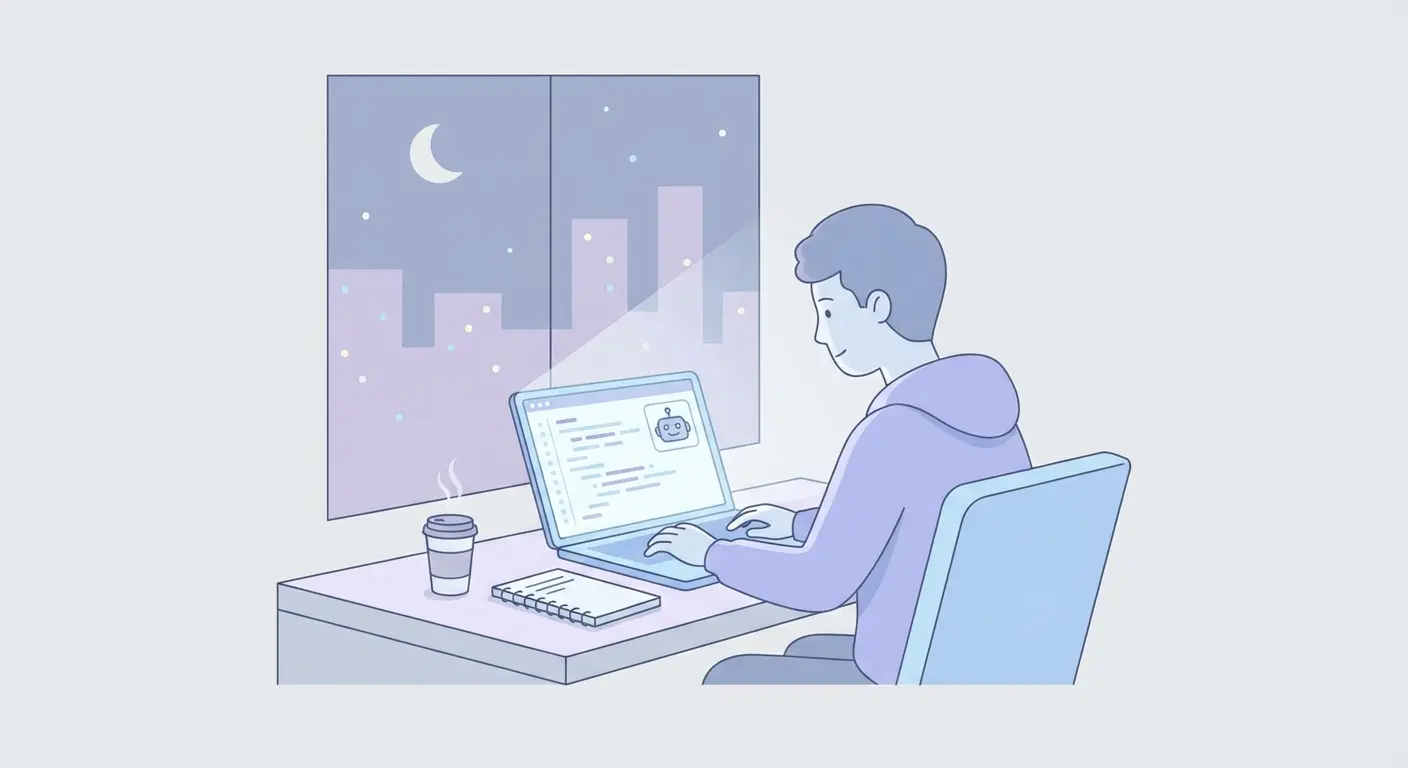 Estudiante universitario escribiendo un TFG/TFM con IA en una laptop por la noche, ilustración vectorial educativa de IA para TFG