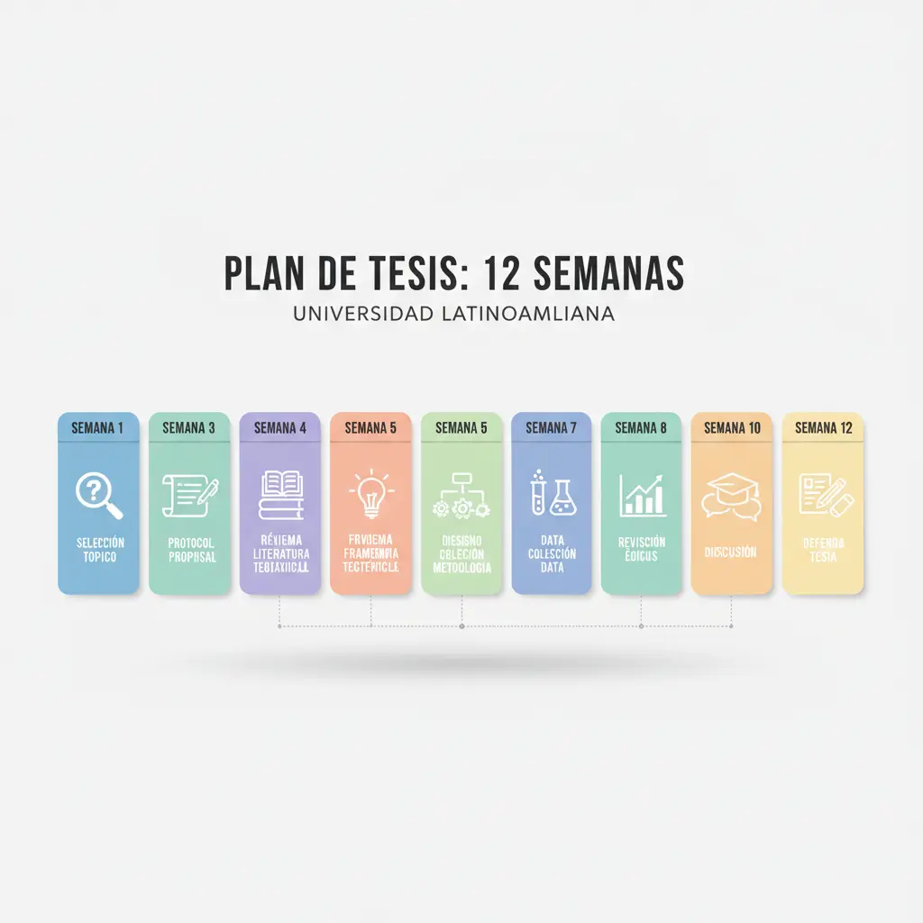Infografía del cronograma de tesis universitaria en 12 semanas para estudiantes latinoamericanos, con fases desde elección de tema hasta defensa