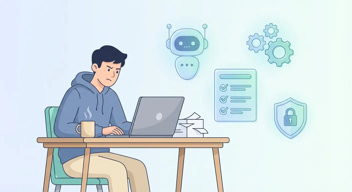 Estudiante universitario trabajando en su tesis con inteligencia artificial, rodeado de iconos de IA y herramientas de integridad académica