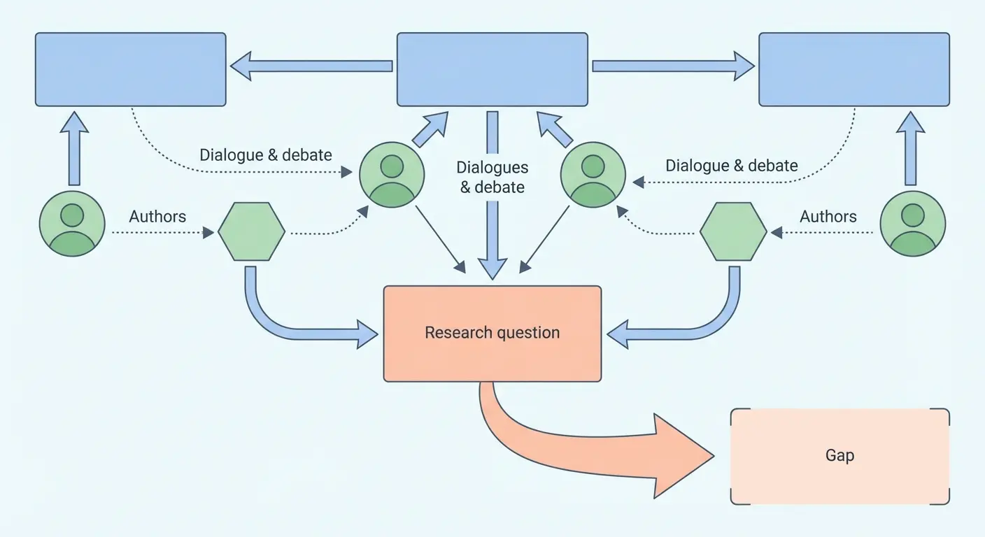 Esquema de la estructura del estado del arte para TFG y TFM: mapa conceptual con bloques temáticos, diálogo entre autores y gap de investigación