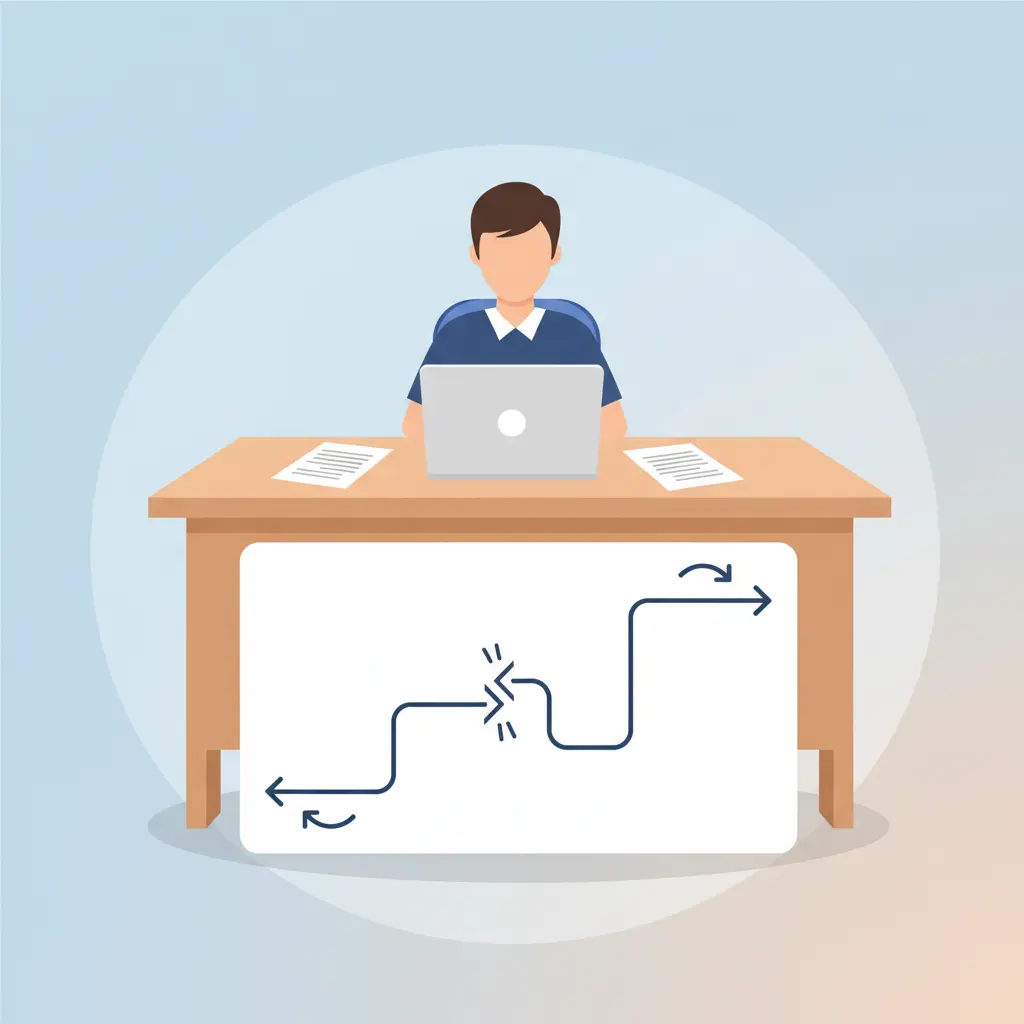 Estudiante universitario frente a un cronograma de TFG roto con flechas que indican retrasos en la planificación