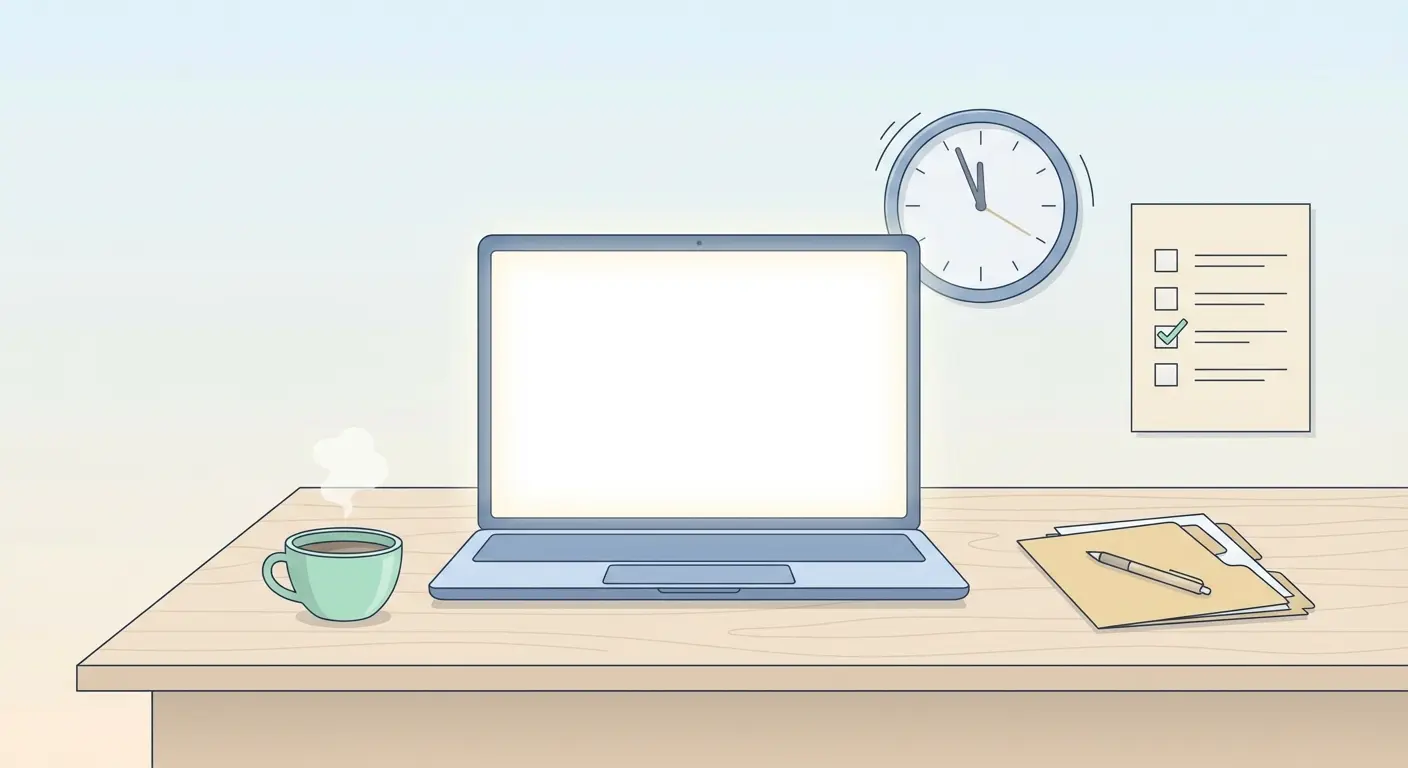 Ilustración vectorial plana de un estudiante comenzando un TFG: portátil con documento en blanco, reloj y checklist — imagen educativa para 'cómo empezar un TFG'.