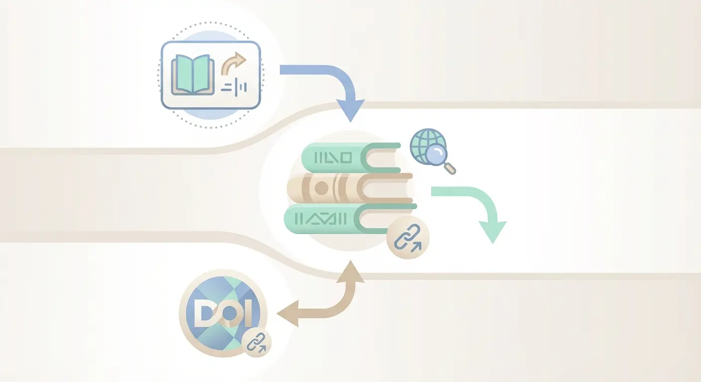 Ilustración de las normas APA 7 para citas en texto y lista de referencias: relación entre cita, DOI y referencia bibliográfica completa en trabajos académicos