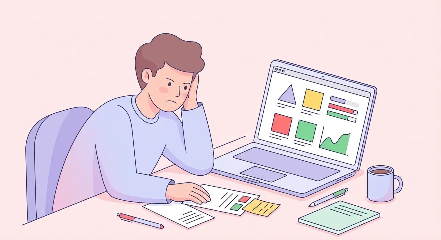 Estudiante universitario frustrado revisando resultados de antiplagio gratis en su portátil rodeado de apuntes