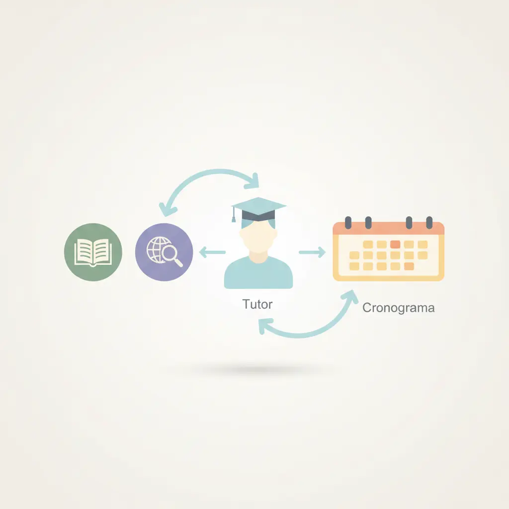 Representación visual de las dependencias externas del TFG: tutor, fuentes bibliográficas y cronograma conectados por flechas