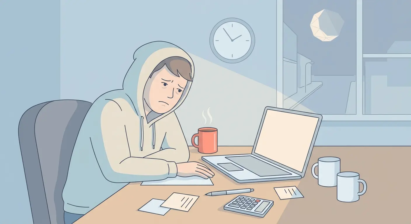 Estudiante con bloqueo del TFG a las 2 de la madrugada, portátil con documento en blanco, tazas de café y mesa de estudio