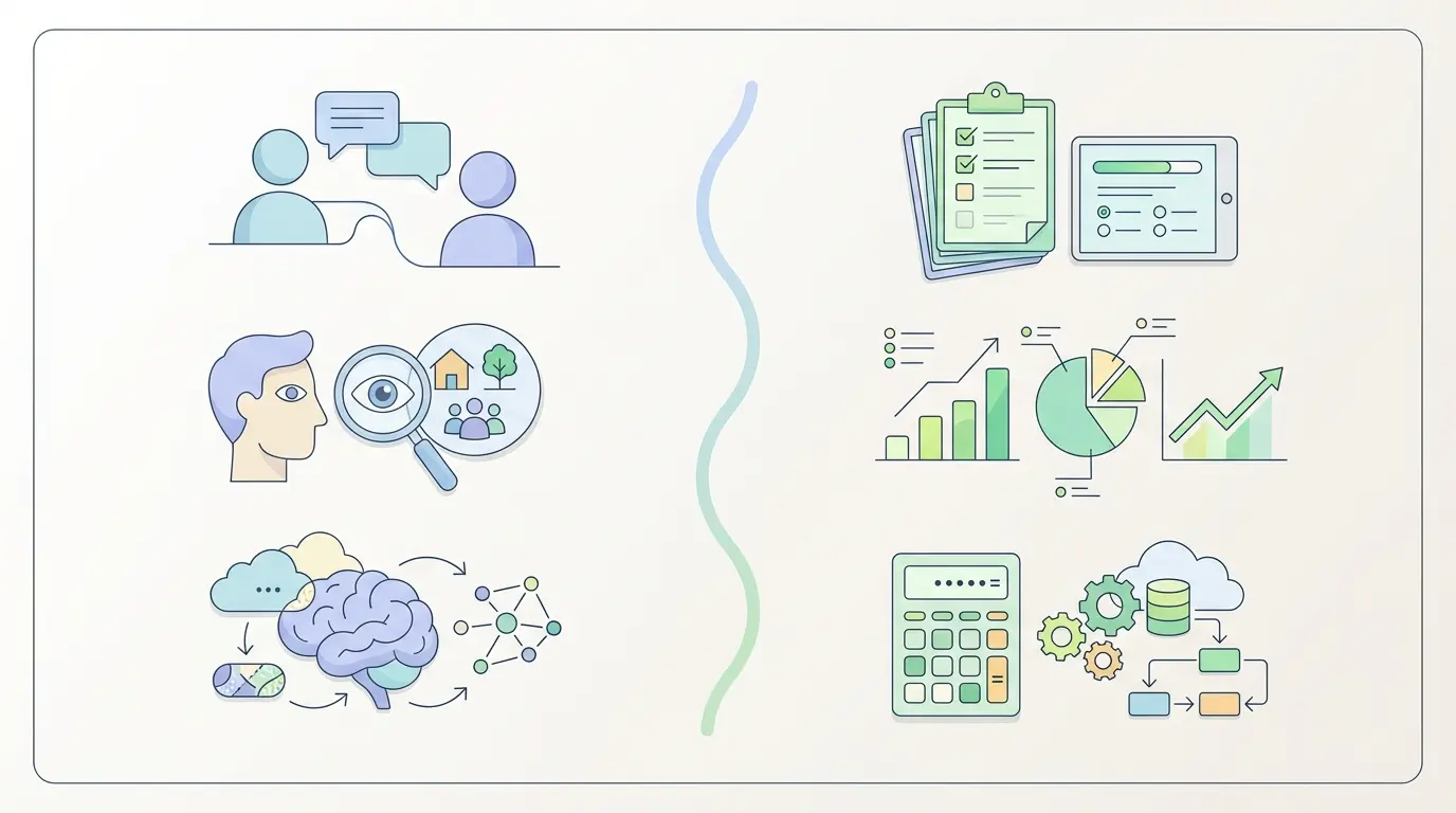 Diagrama comparativo de investigación cualitativa y cuantitativa: iconos de entrevistas y análisis temático frente a encuestas y datos estadísticos en metodología académica