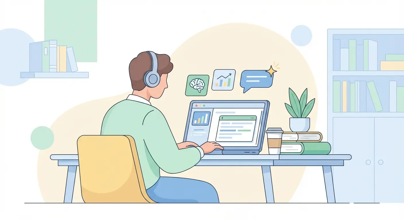 Estudiante universitario escribiendo su TFG con herramientas de IA en un escritorio moderno