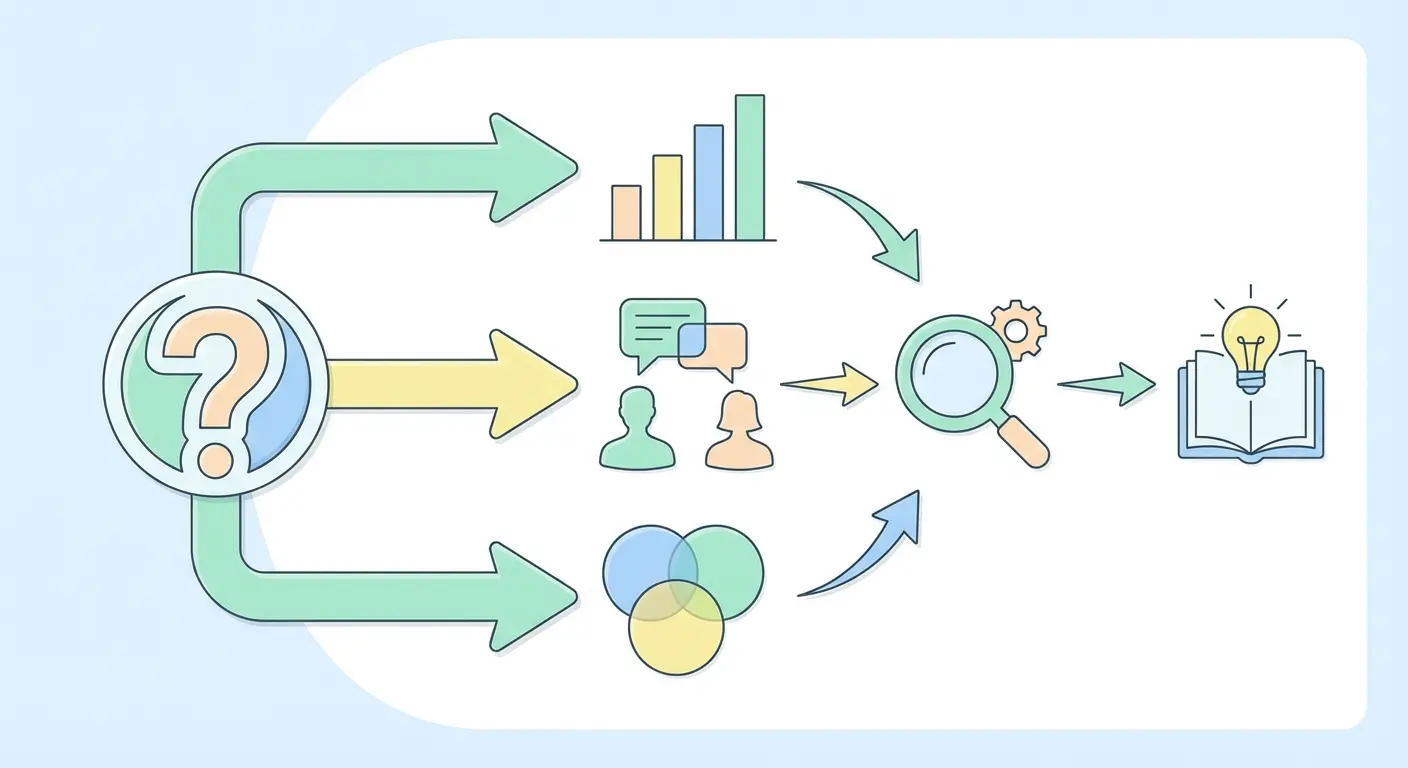 Diagrama visual de metodología de TFG con ramas para métodos cuantitativo, cualitativo y mixto