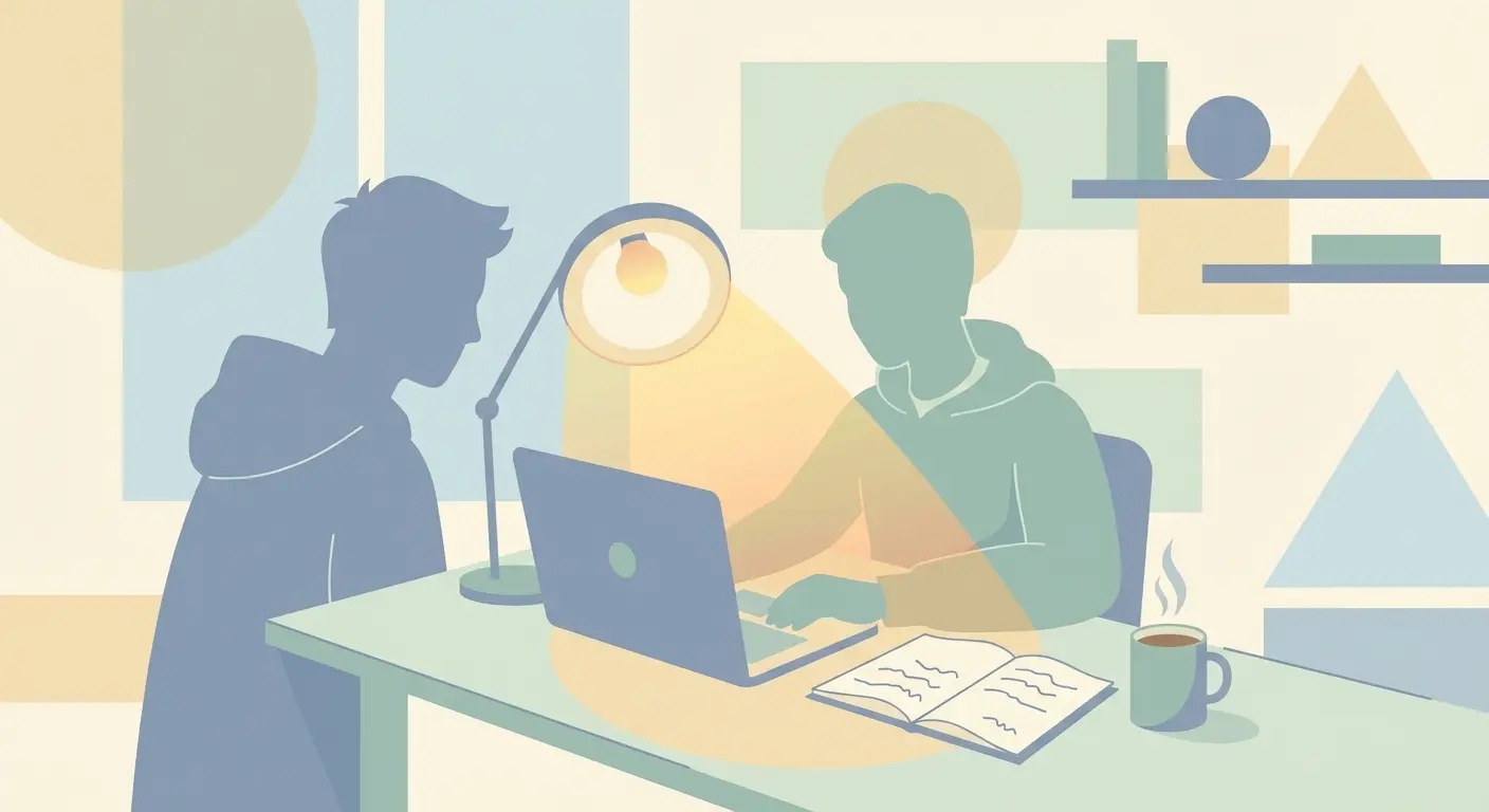 Estudiante latinoamericano trabajando en su tesis de grado en la computadora durante la noche