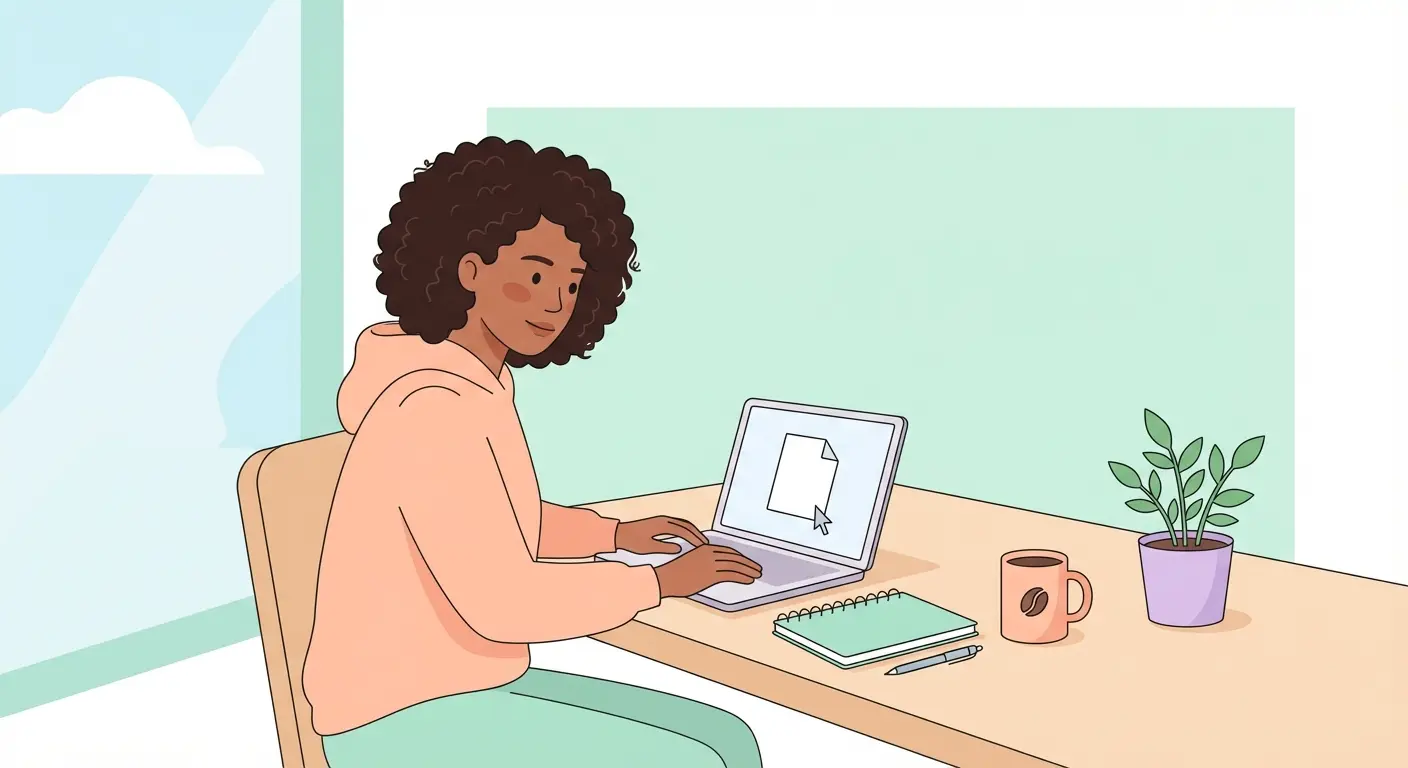 Estudiante universitaria latinoamericana escribiendo su tesis de grado en laptop con cuaderno y café sobre el escritorio