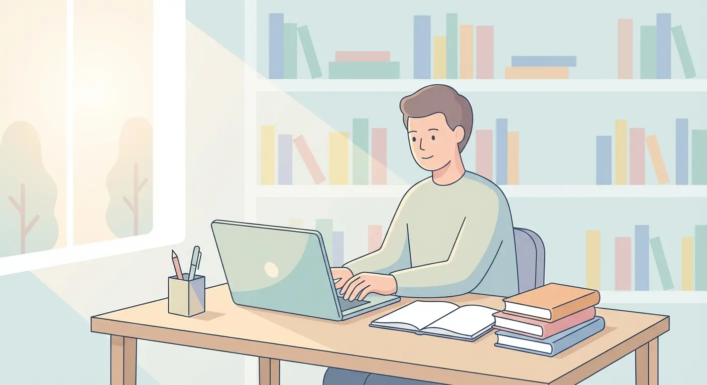 Estudiante redactando referencias APA 7 en una biblioteca con portátil y libros de consulta