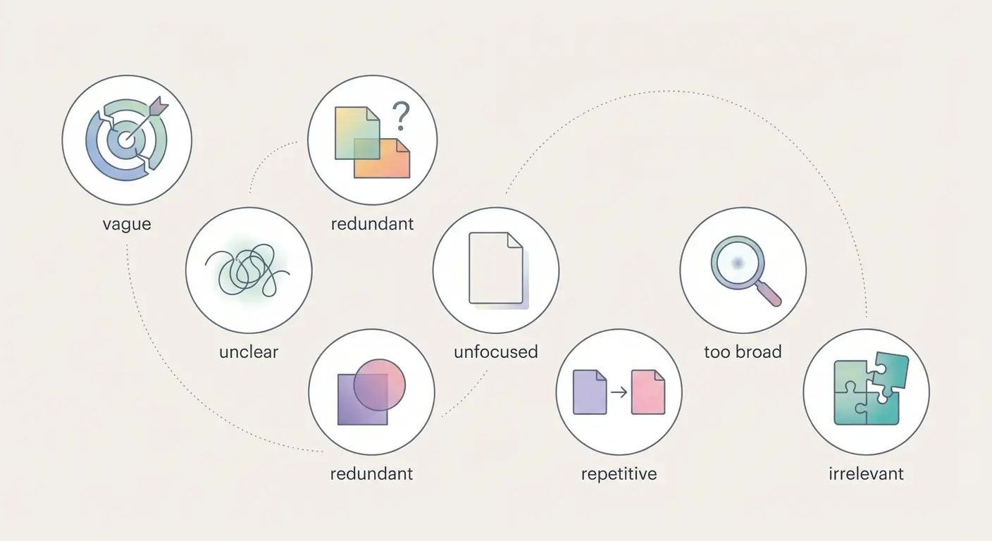 Los 7 errores más comunes en el planteamiento del problema de una tesis con íconos representativos de cada error
