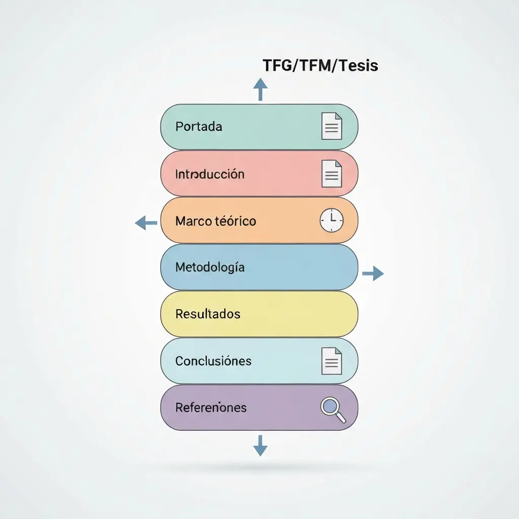 Esquema visual de la estructura de un TFG, TFM o tesis con sus secciones y el flujo entre ellas