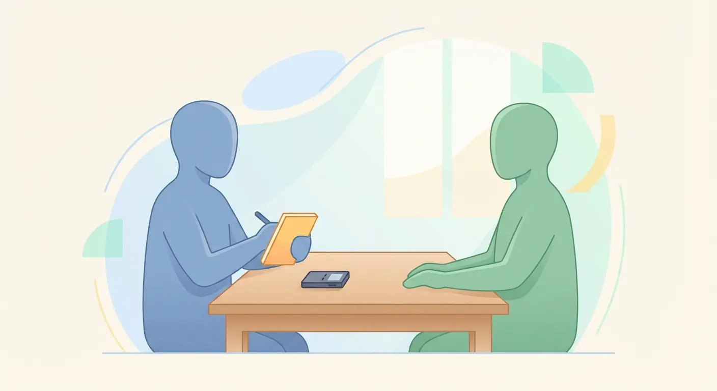 Ilustración de entrevista en profundidad para investigación cualitativa en TFM de ciencias sociales: investigador y participante sentados frente a frente con grabadora y cuaderno de notas