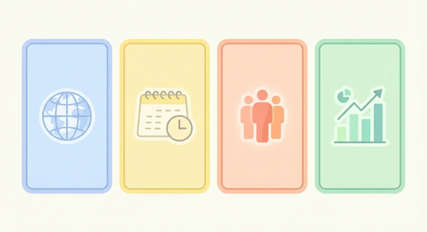 Infografía de las cuatro dimensiones de la delimitación del tema de tesis: geográfica, temporal, poblacional y variables, con íconos por panel