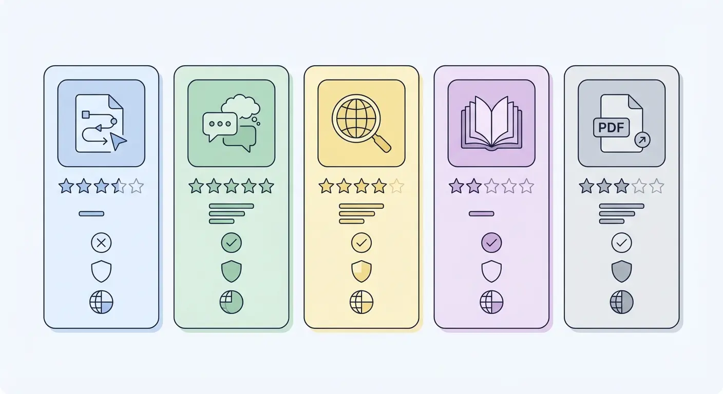 Comparativa 5 IA para tesis 2026 — Tarjetas visuales con indicadores de redacción, formato APA, bibliografía, antiplagio y soporte en español para cada herramienta