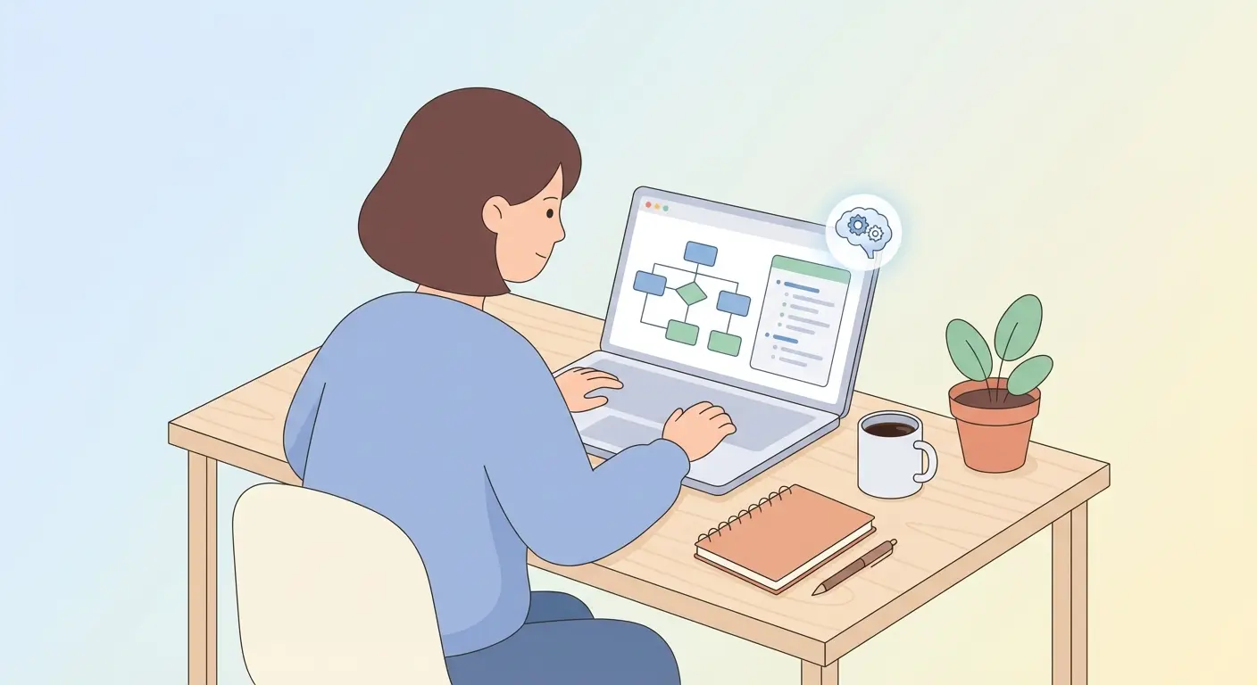 Estudiante universitario usando IA para planificar y redactar su TFG en el ordenador