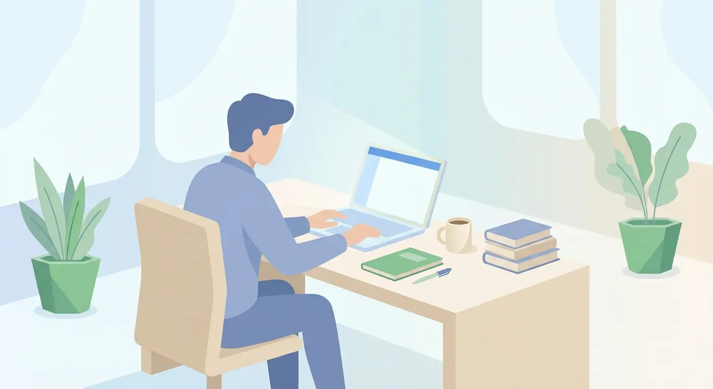 Investigador universitario trabajando en redacción académica frente a un portátil con libros y notas sobre el escritorio