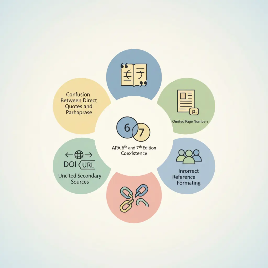Infografía con los 7 errores más comunes en normas APA para tesis y TFG representados con iconos