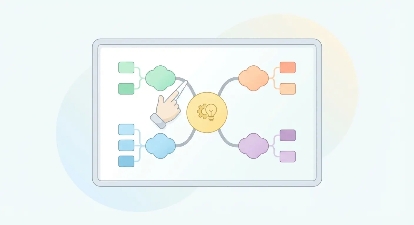 Esqueleto argumental de un TFG construido con IA: nodos de tesis, sub-argumentos y puntos clave conectados en diagrama visual