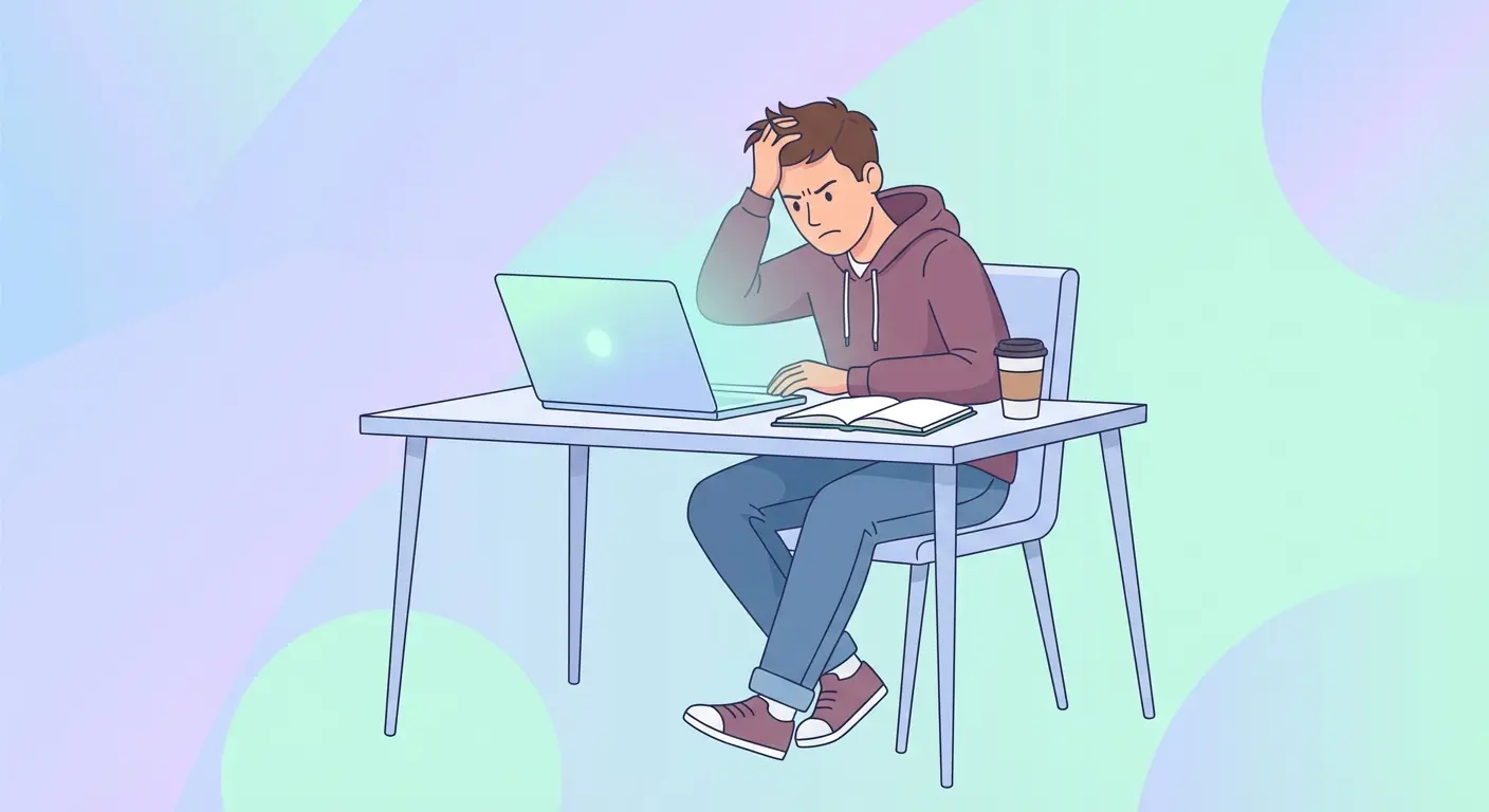 Estudiante universitario frustrado frente al ordenador intentando escribir su TFG con herramientas de IA genéricas