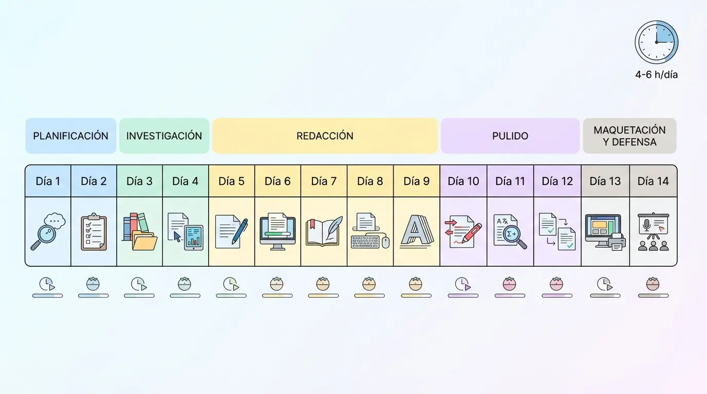 Cronograma visual para hacer un TFG en 14 días — calendario paso a paso con tareas diarias y bloques de trabajo.